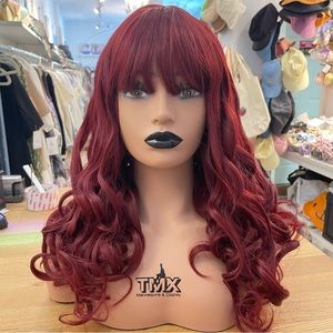 Human hair blend burgundy curly wavy wig
